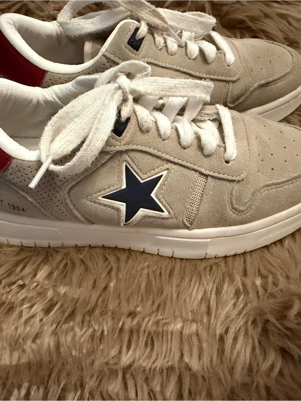 Vintage Havana Beige Suede Sneakers with Navy Star and Red Heel Tab, women’s 7.5